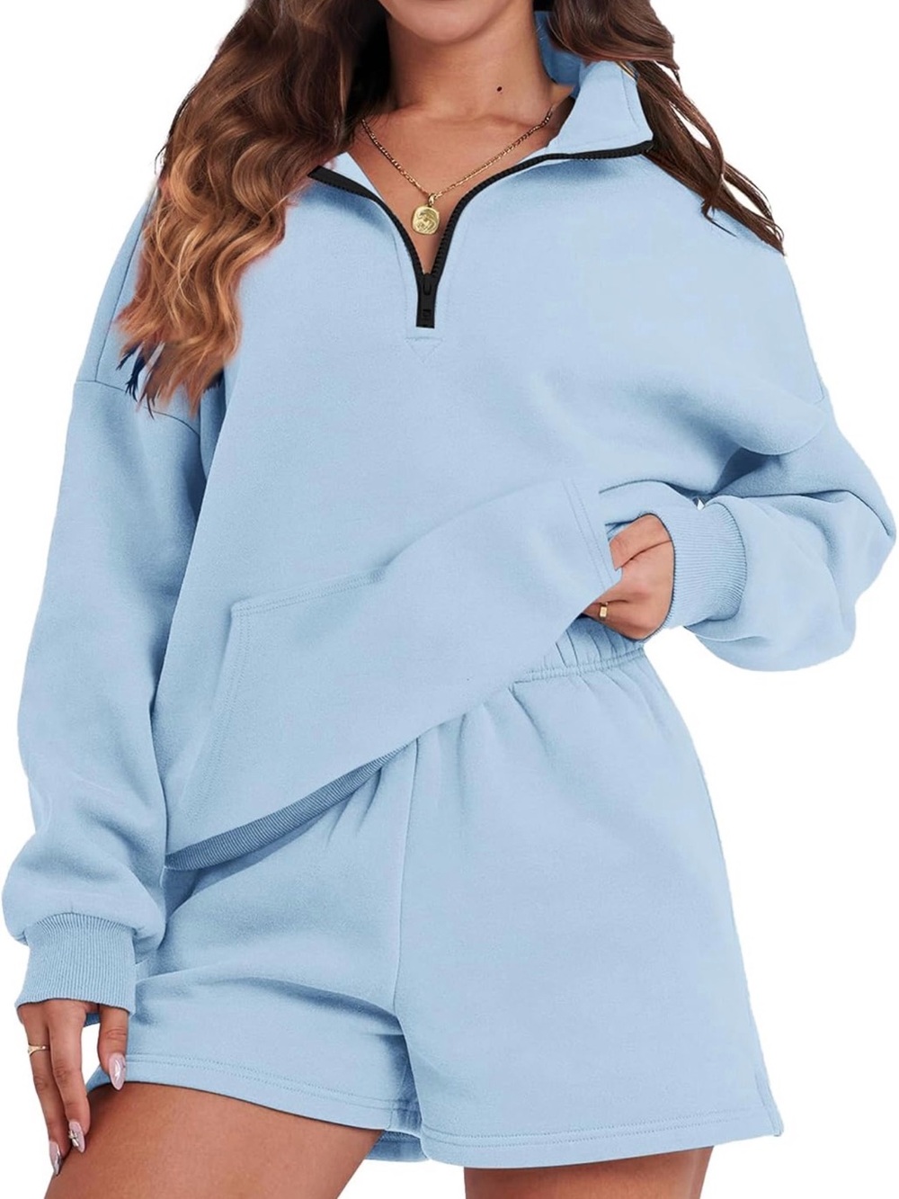 FKEEP Women's 2 Piece Outfit Half Zip Sweatshirt Shorts with Pockets Lounge Set